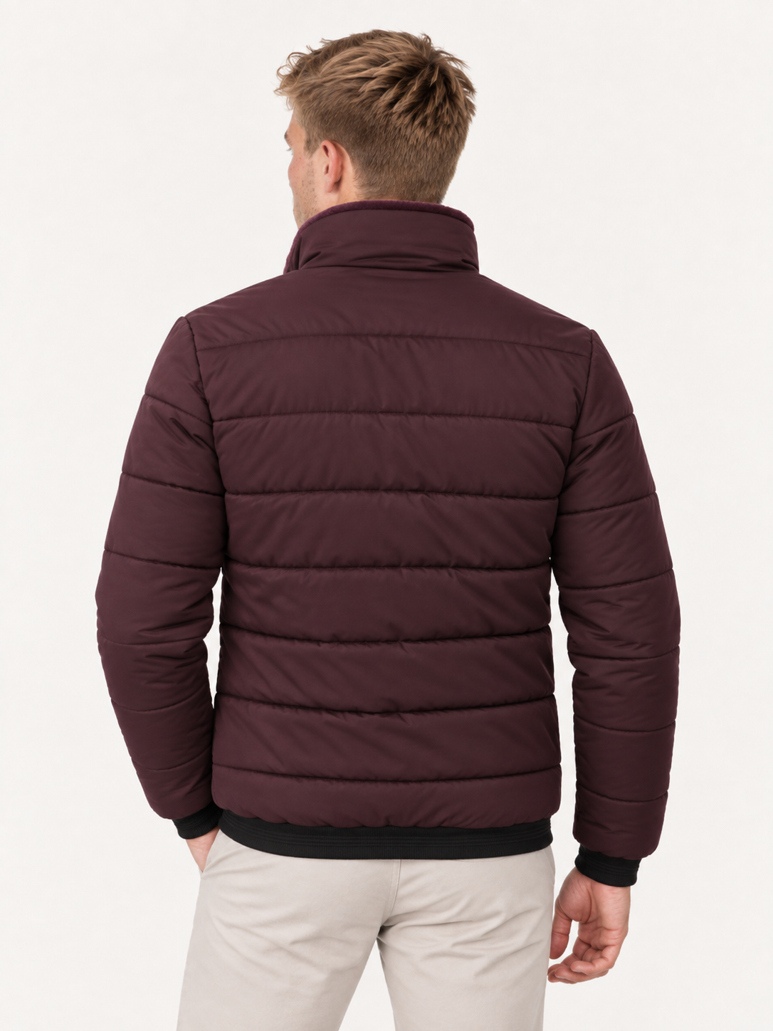 Men's Quilted Bomber Jacket – Stand Collar, Metal Zip