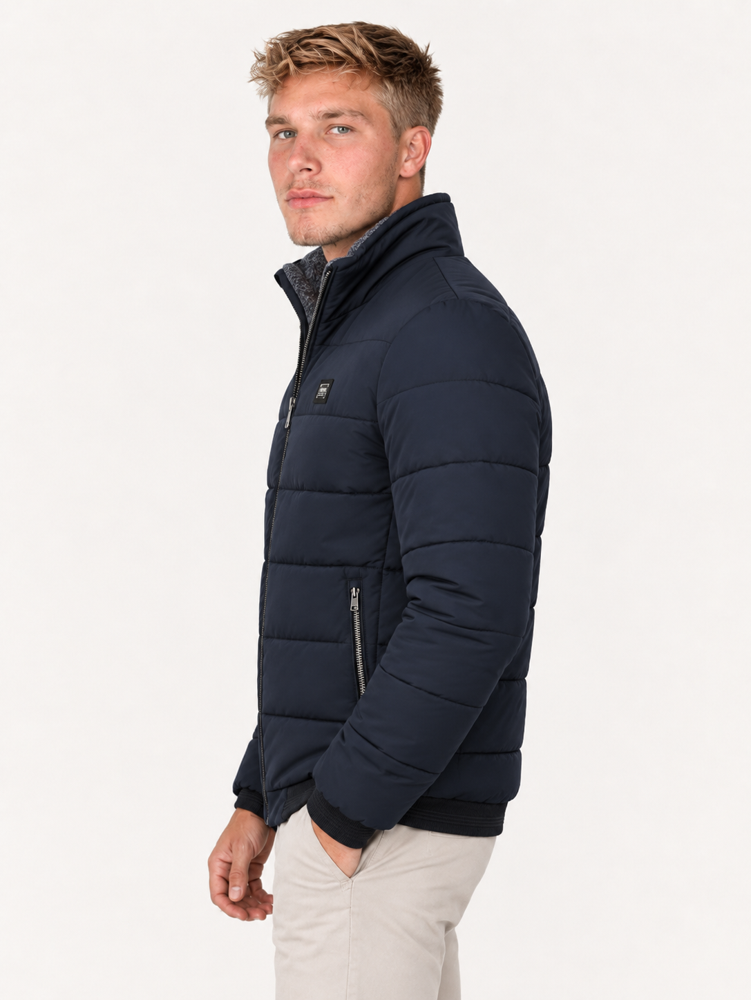Men's Quilted Bomber Jacket – Stand Collar, Metal Zip
