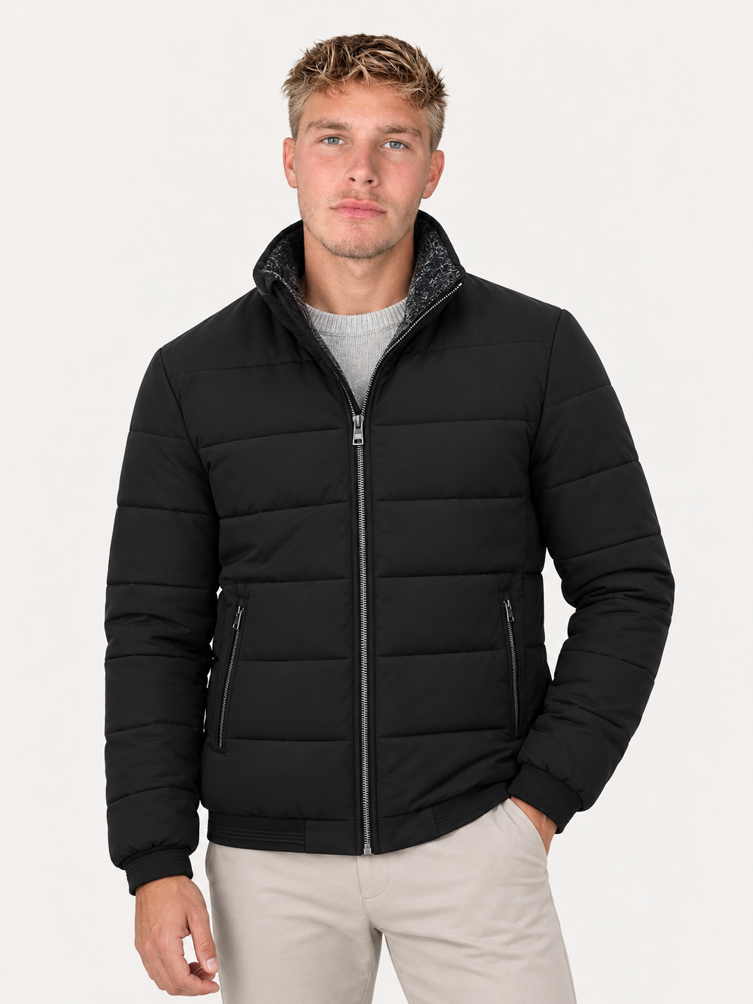 Men's Quilted Bomber Jacket – Stand Collar, Metal Zip