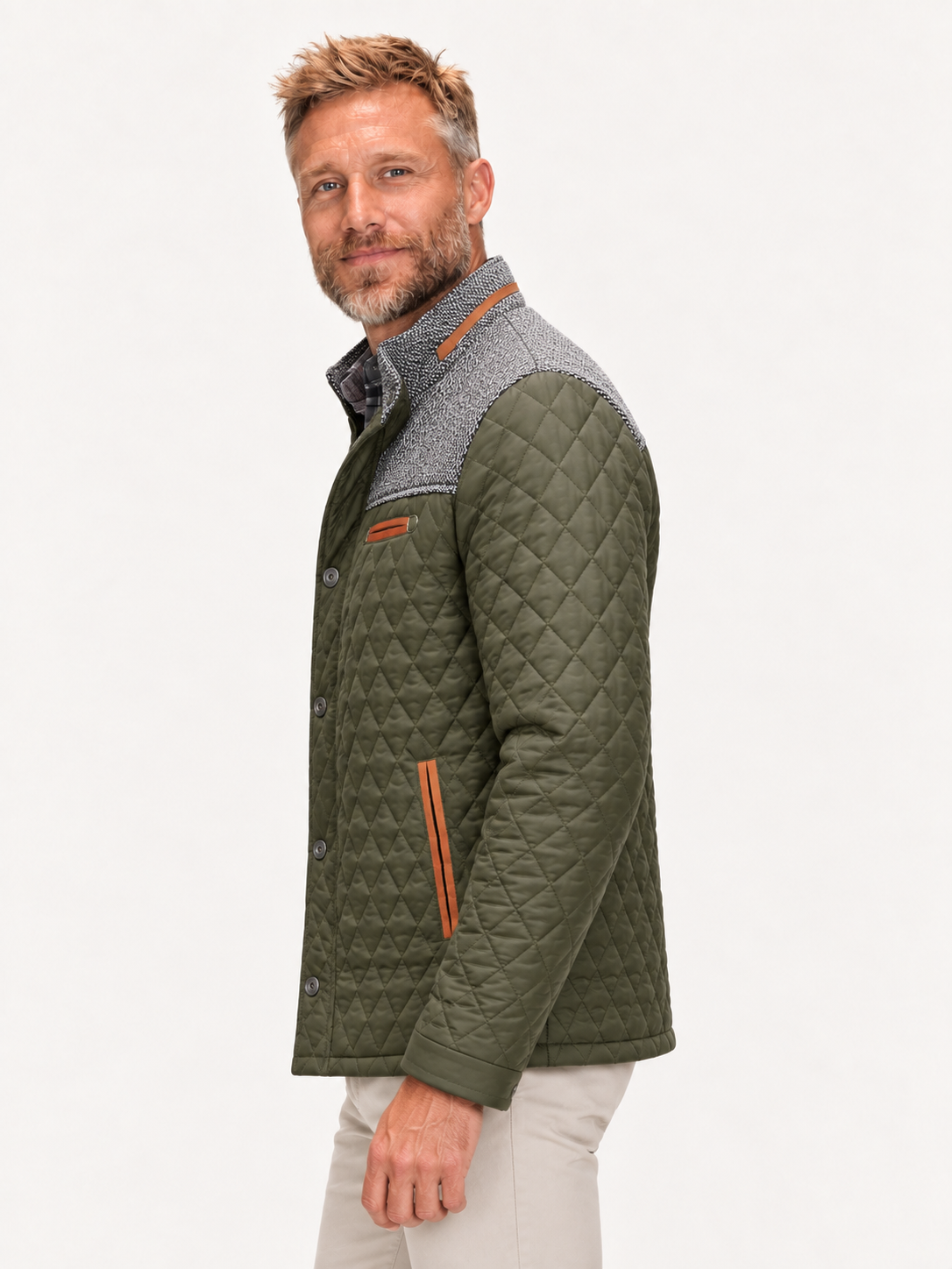 Men's Diamond Quilted Field Jacket – Stand Collar, Suede-Look Trim