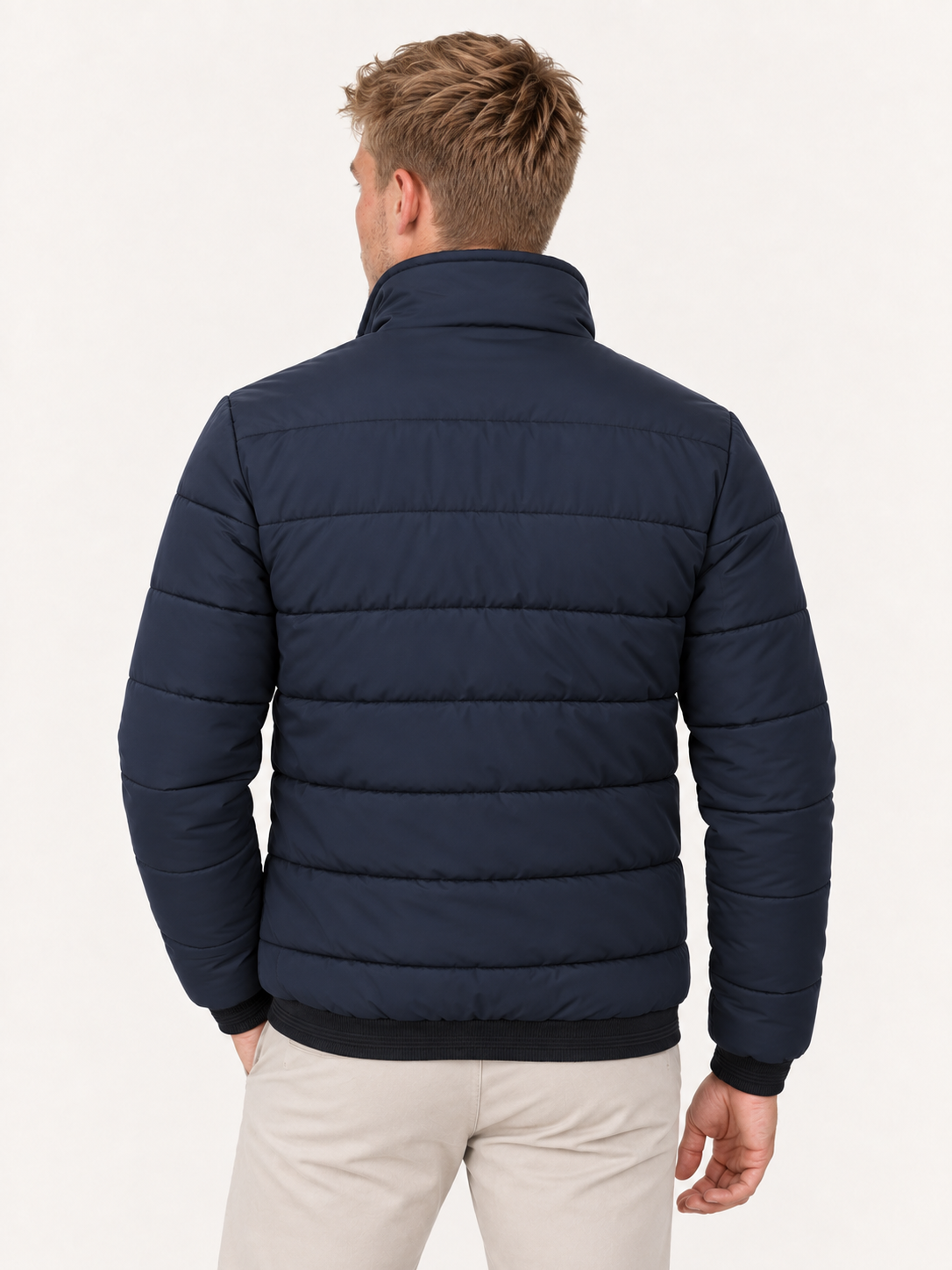 Men's Quilted Bomber Jacket – Stand Collar, Metal Zip