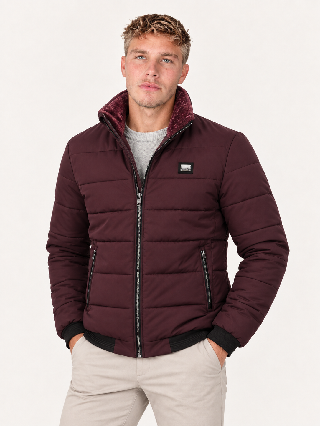 Men's Quilted Bomber Jacket – Stand Collar, Metal Zip