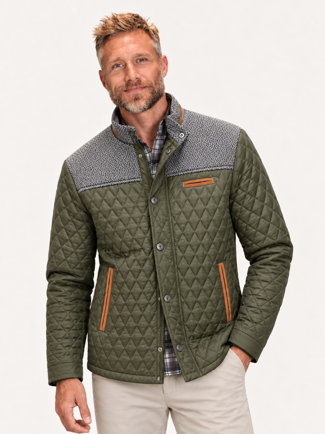 Men's Diamond Quilted Field Jacket – Stand Collar, Suede-Look Trim