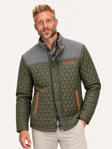 Men's Diamond Quilted Field Jacket – Stand Collar, Suede-Look Trim