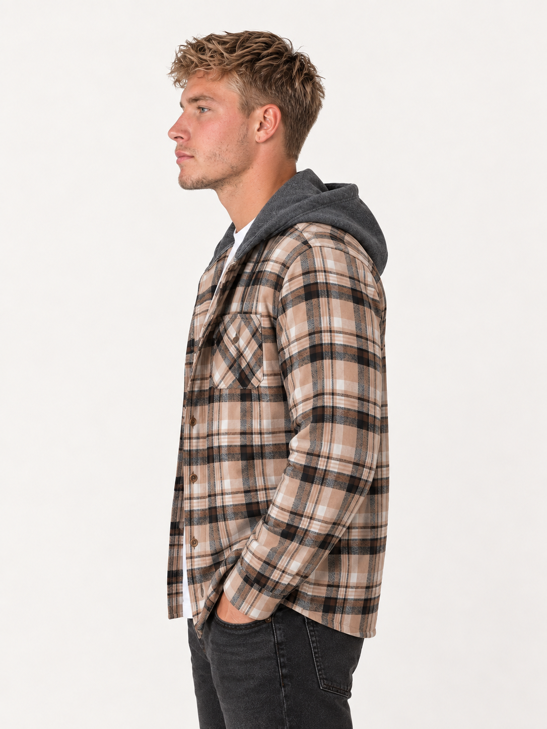 Men's Hooded Flannel Overshirt – Check Shirt Jacket, Regular Fit