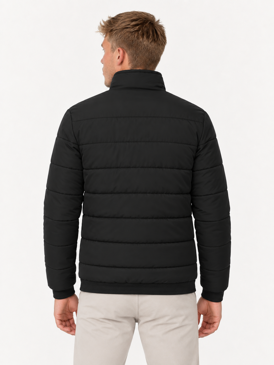 Men's Quilted Bomber Jacket – Stand Collar, Metal Zip