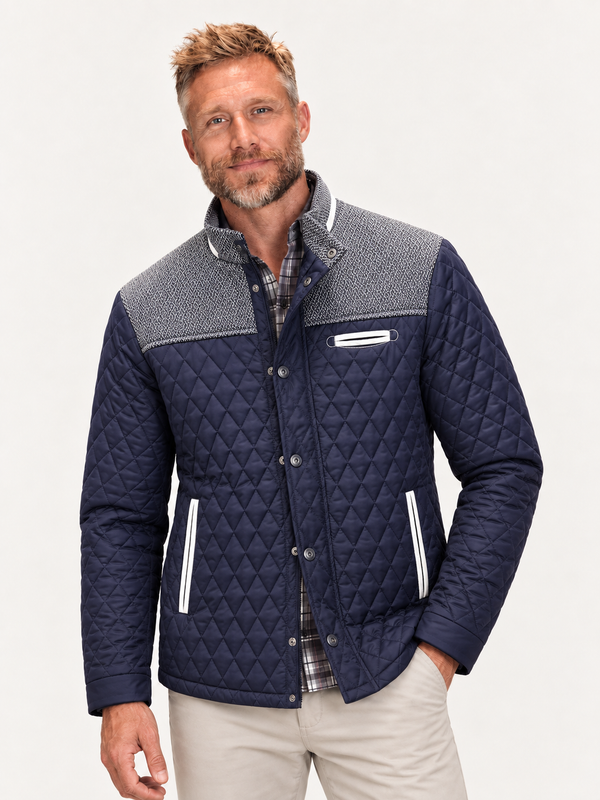 Men's Diamond Quilted Field Jacket – Stand Collar, Suede-Look Trim