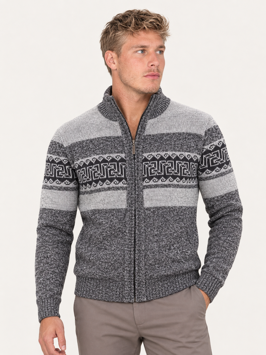 Men’s Grey Full-Zip Knitted Cardigan – Geometric Pattern
