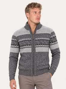 Men’s Grey Full-Zip Knitted Cardigan – Geometric Pattern