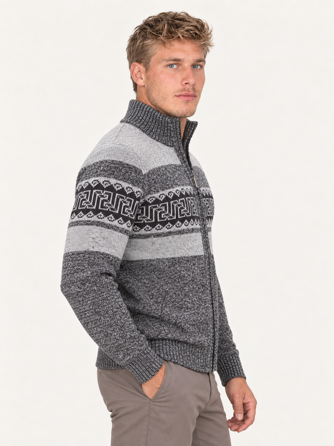 Men’s Grey Full-Zip Knitted Cardigan – Geometric Pattern