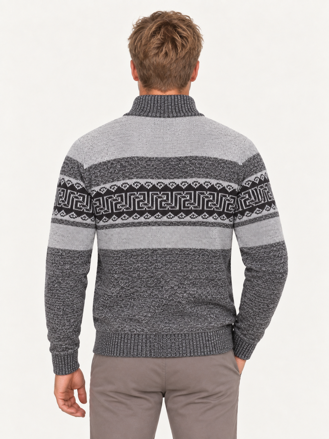 Men’s Grey Full-Zip Knitted Cardigan – Geometric Pattern