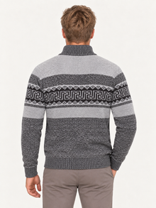 Men’s Grey Full-Zip Knitted Cardigan – Geometric Pattern