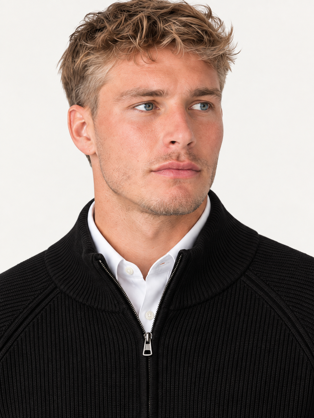Men’s Ribbed Knit Zip-Up Cardigan with Stand Collar