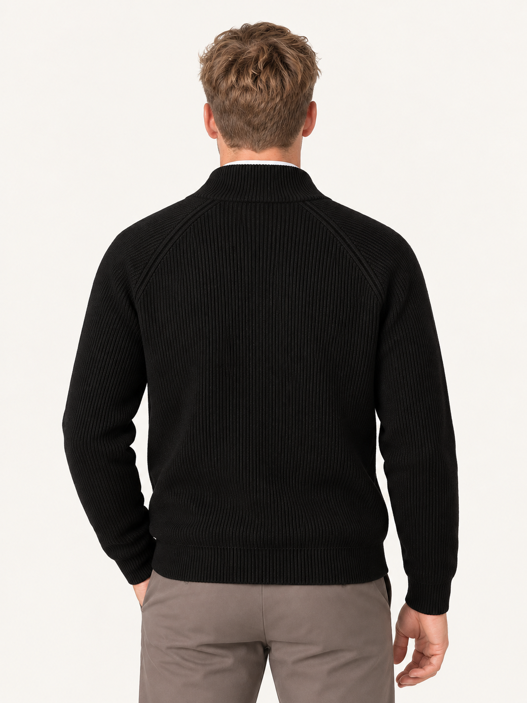 Men’s Ribbed Knit Zip-Up Cardigan with Stand Collar