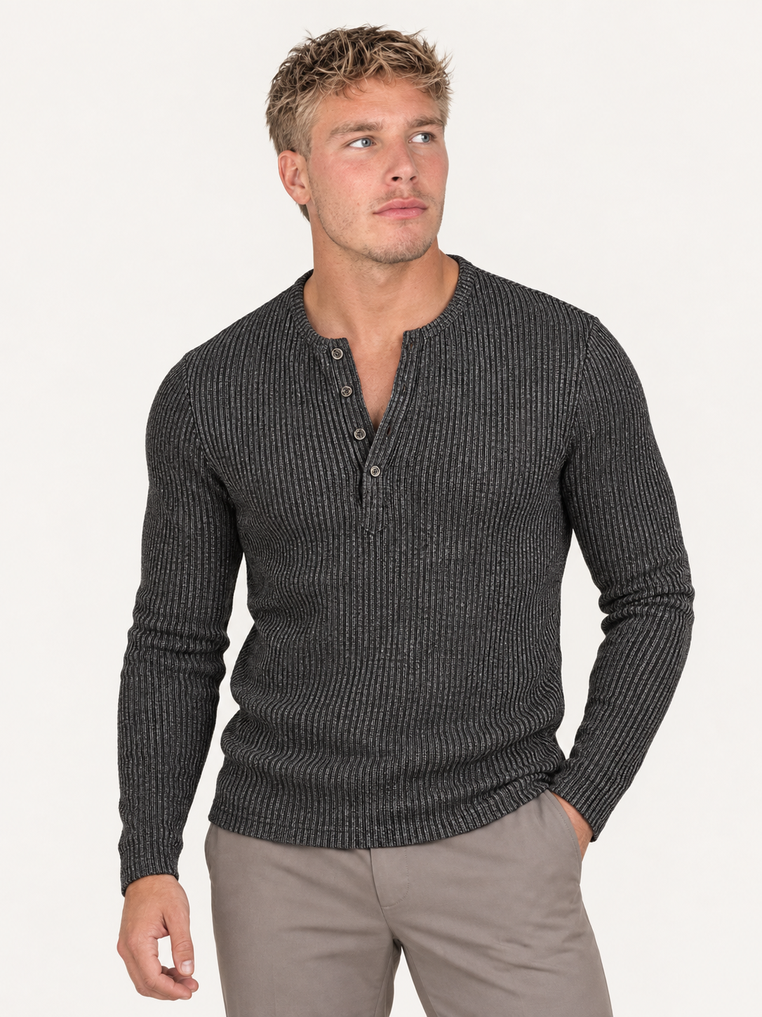 Men’s Long Sleeve Ribbed Knit Henley Sweater