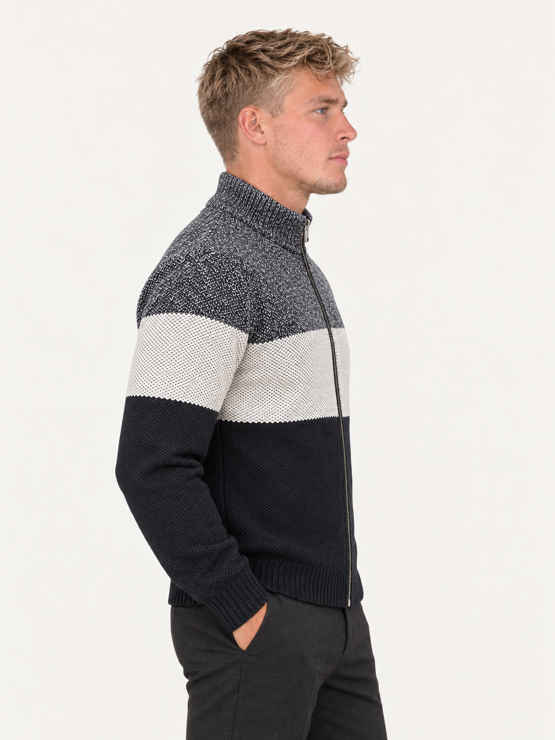 Men’s Zip-Up Knit Sweater with Stand Collar